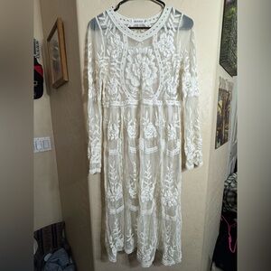 Reverse White Sheer Lace Embroidered Midi Dress Fairycore Bridal Cottagecore